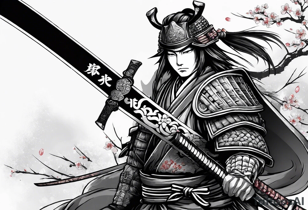 samurai with sword in blood, in armor, for a forearm
Should contains sakura leaves in Anime style. Some Ghost of Taushima vibe
The tatoo should show i have dedication, respect and inner strength, and I try to become better everyday tattoo idea