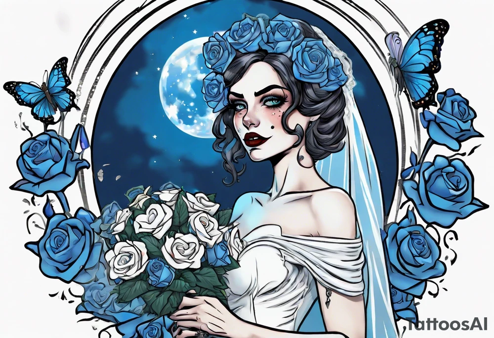 character Emily from the film corps bride. she is wearing a wedding dress. the vail on her head. she is holding a bouquet of blue roses in the middle of the bouquet  there is one white daisy. there is one blue butterfly flying around her. A full moon on the background. tattoo idea