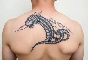 Powerfull Dacian Draco wih mountain Paring Petrosani in the background tattoo idea