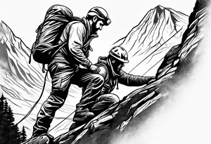 mountain climber pulling up another mountain climber over an edge tattoo idea