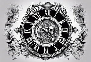 Broken clock with skeleton fingers tattoo idea