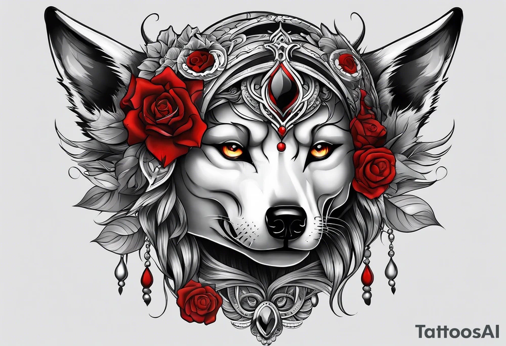 Wolf skull on woman’s head tattoo idea