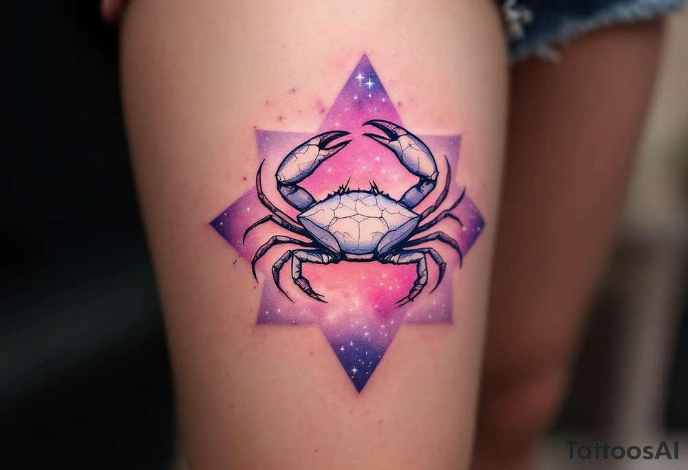 A pale crab silhouette floats within an ethereal pink and violet galaxy containing the Cancer stars constellation above tattoo idea