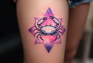A pale crab silhouette floats within an ethereal pink and violet galaxy containing the Cancer stars constellation above tattoo idea