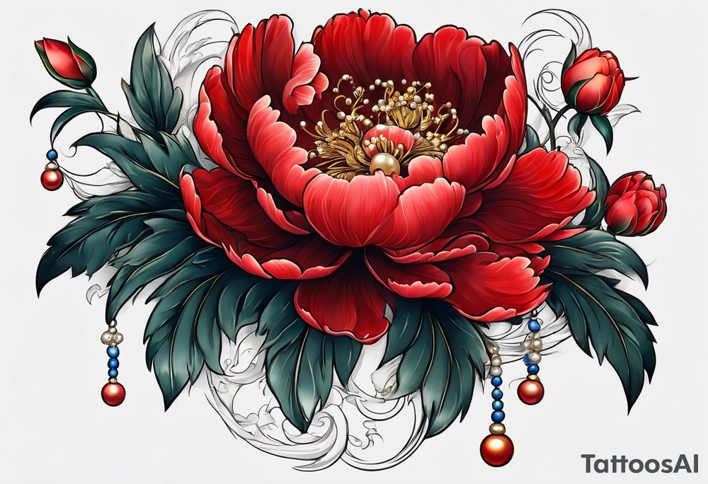 Red peony with dangling pearls with rabbit on top tattoo idea