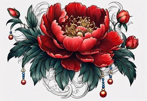 Red peony with dangling pearls with rabbit on top tattoo idea