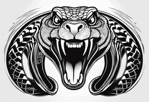 black and white drawing of a snake head with copper eyes an open mouth with mountain bike tire tread for body tattoo idea