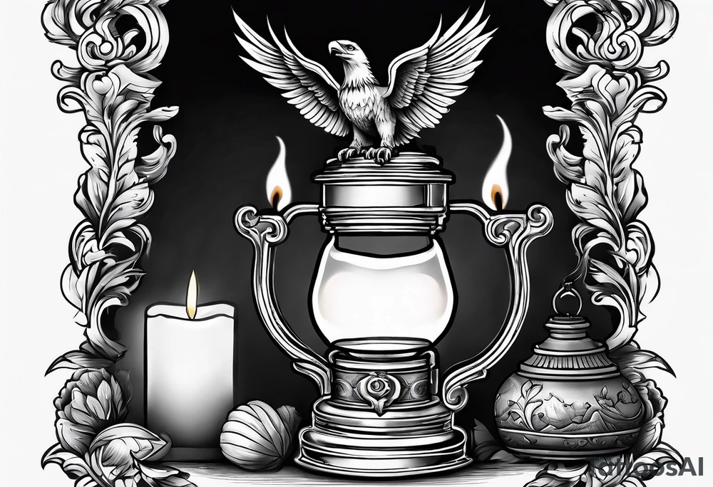 Oil lamp with an eagle next to it tattoo idea
