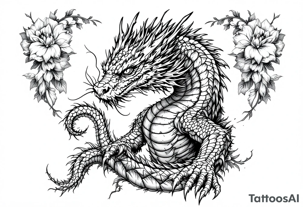 powerful majestic reptile, surrounded by floral ornaments tattoo idea