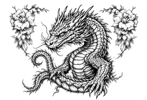 powerful majestic reptile, surrounded by floral ornaments tattoo idea