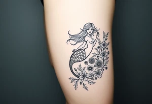 ethereal mermaid with flowing hair among coral and sea flowers tattoo idea