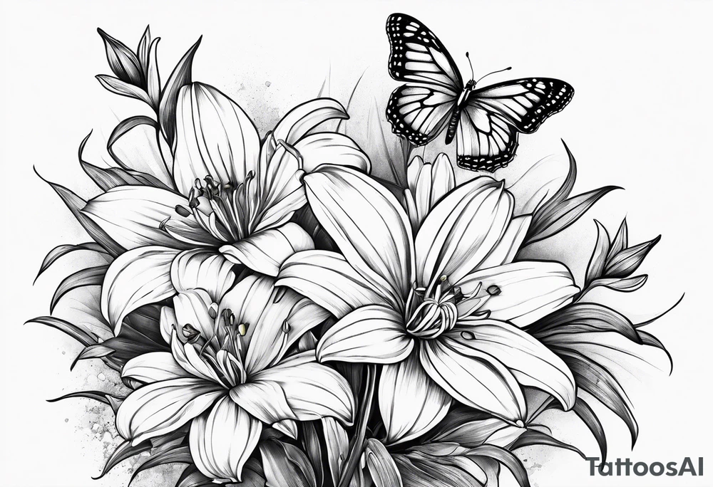 Wild flower of lily daisy and daffodil with butterfly tattoo idea