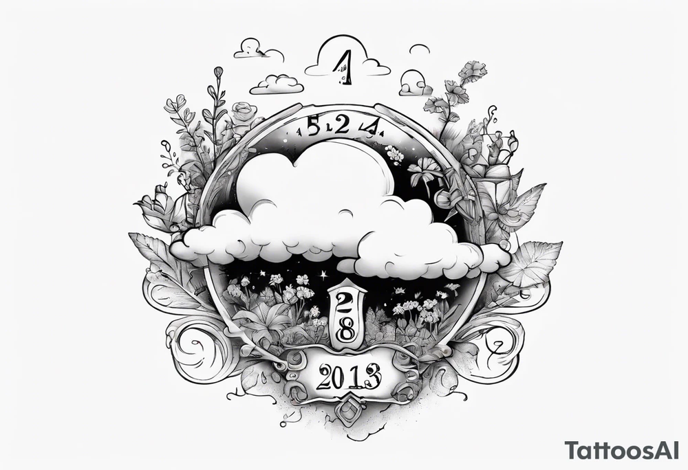 a forearm tattoo with a cloud with little plants and underneath it the date 12.08.05 tattoo idea