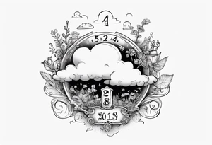 a forearm tattoo with a cloud with little plants and underneath it the date 12.08.05 tattoo idea
