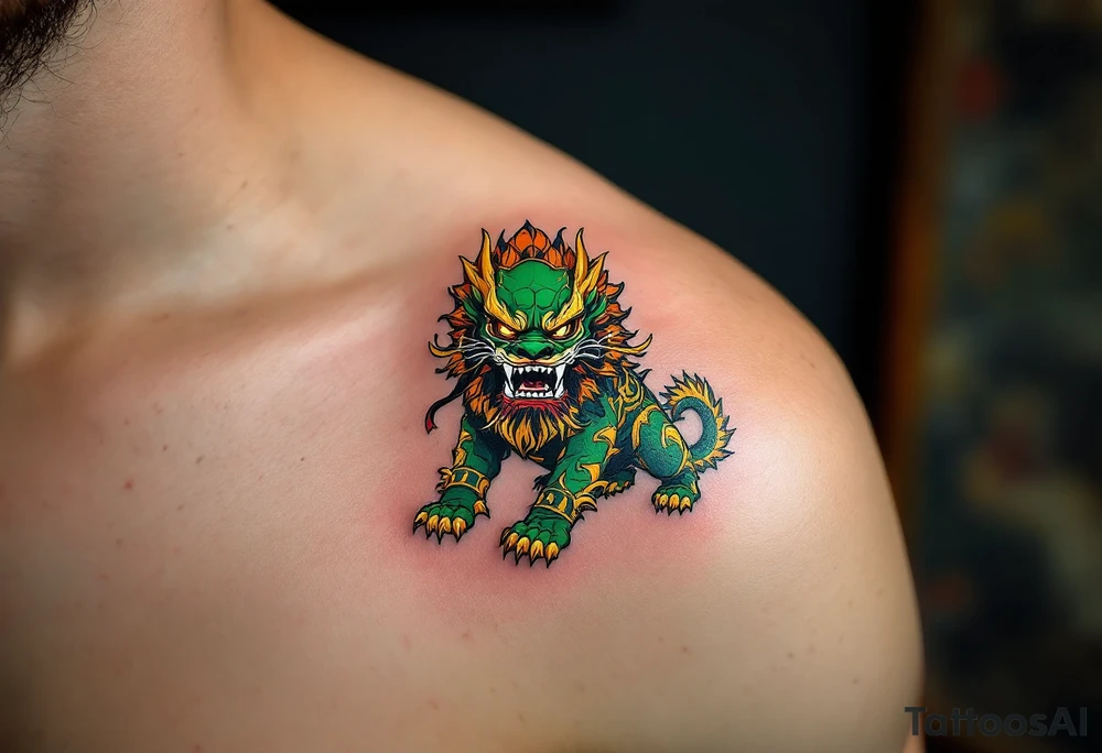 A shishi (lion dog guardian) in bold green and gold crouched protectively with a snarl. tattoo idea