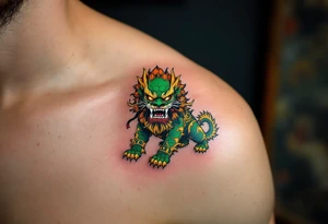 A shishi (lion dog guardian) in bold green and gold crouched protectively with a snarl. tattoo idea