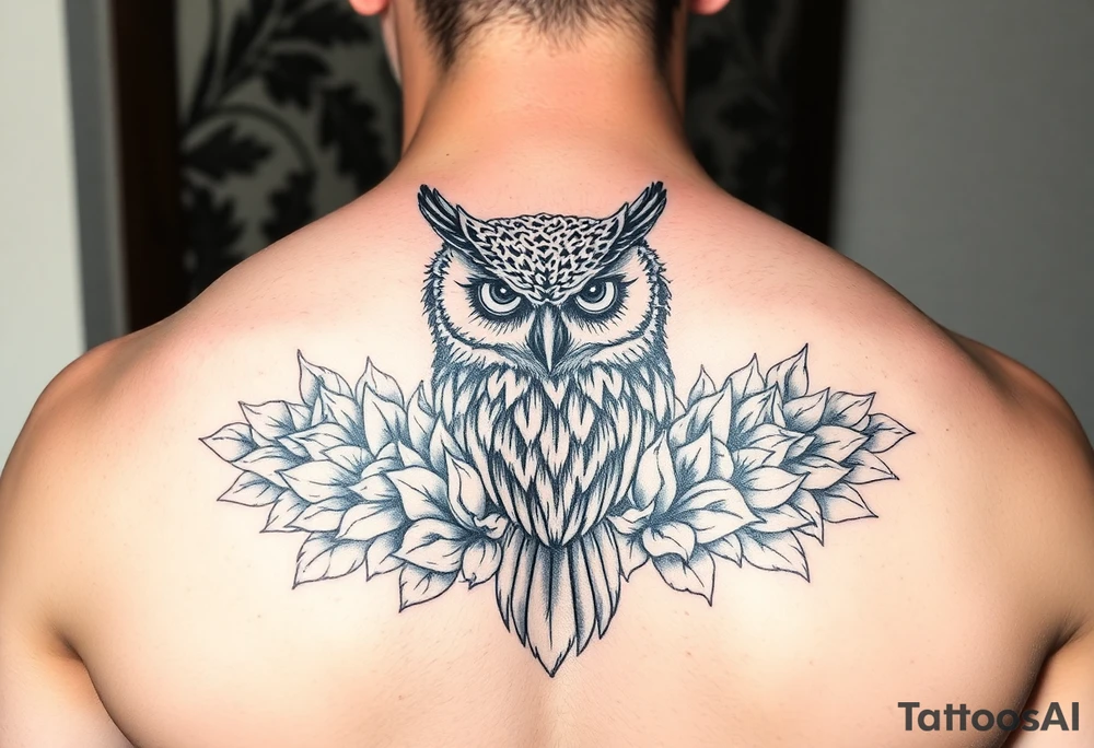 powerful majestic Owl with surrounded by Succulent tattoo idea