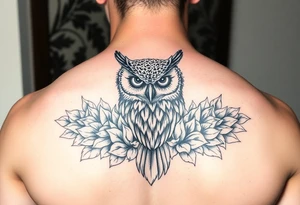 powerful majestic Owl with surrounded by Succulent tattoo idea