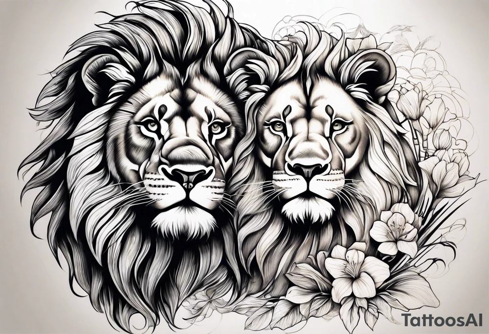 Realistic lion and lioness 
bonding tattoo idea