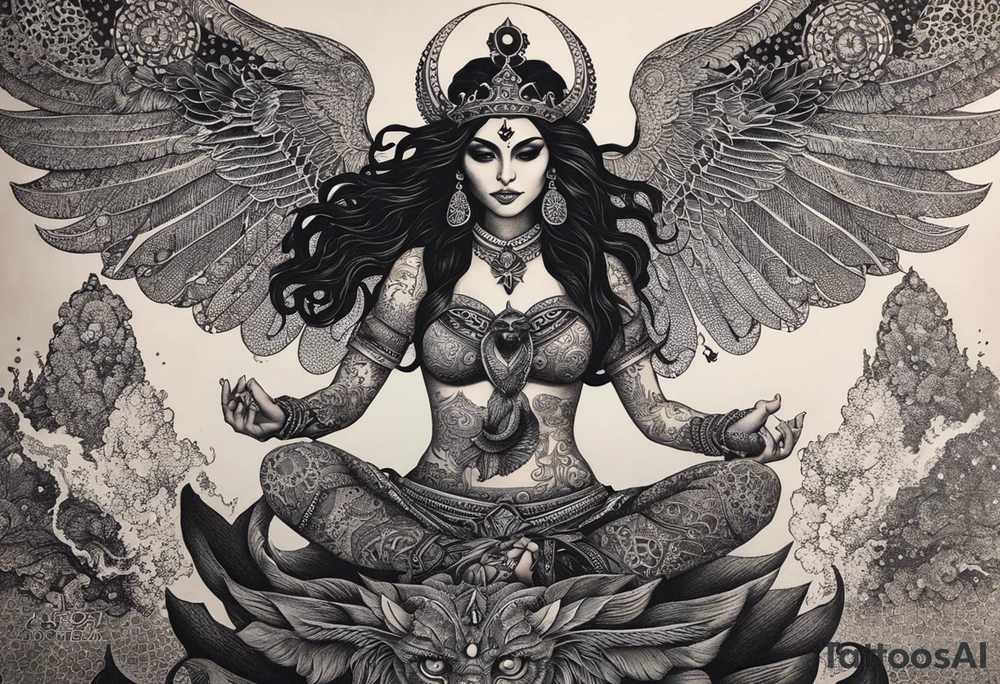 black kali, goddess pirate, alien, angel, pachamama, valkrye, warrior, flying, skull, lotus azul, wing, eagle, zenza resonance, stars, 5D, anahata chakra, death, durga, riding on a tiger, flying lady, chest tatoo tattoo idea