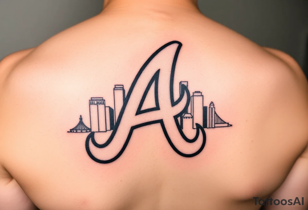 Atlanta Braves letter logo “A” overlapping a 3D Atlanta skyline behind the logo tattoo idea