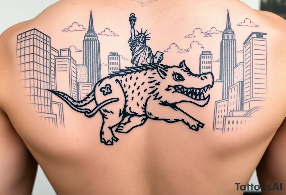 Arkansas razorback running through the streets of New York City with the Statue of Liberty in the background tattoo idea