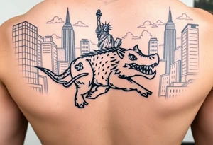 Arkansas razorback running through the streets of New York City with the Statue of Liberty in the background tattoo idea