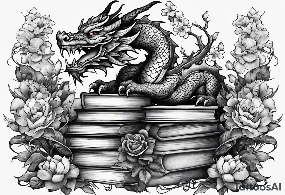 Dragon stack of books flowers tattoo idea