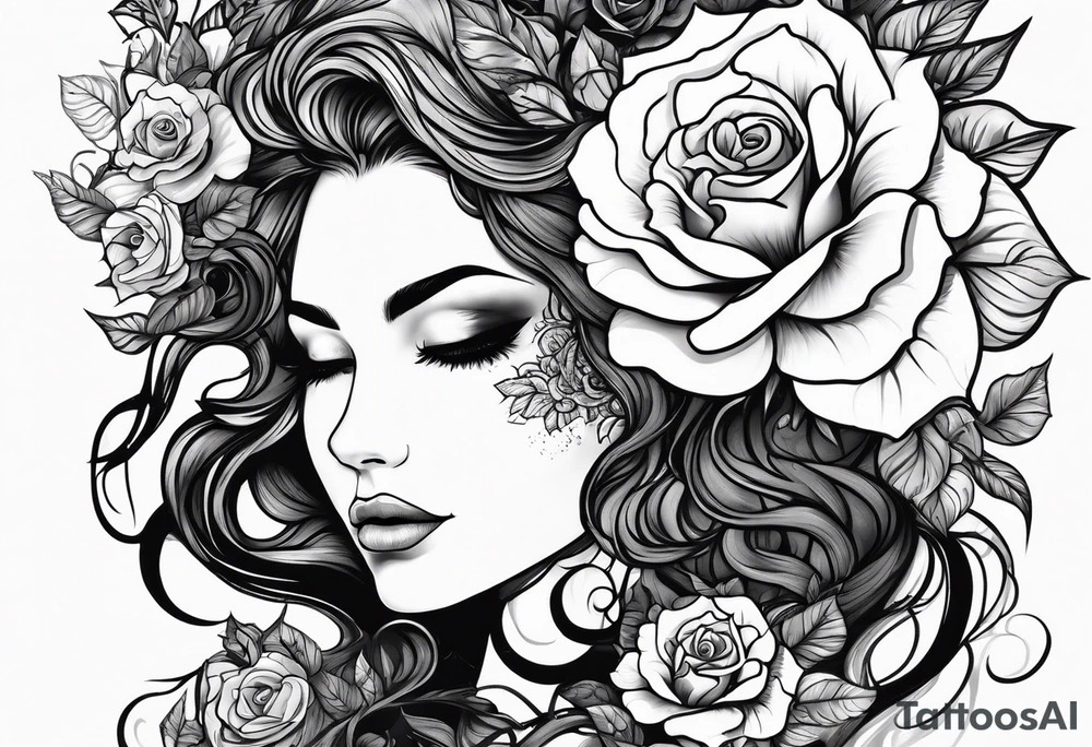Mother Nature face with roses in her hair and around her black and white tattoo idea