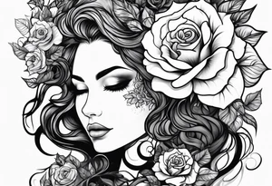 Mother Nature face with roses in her hair and around her black and white tattoo idea