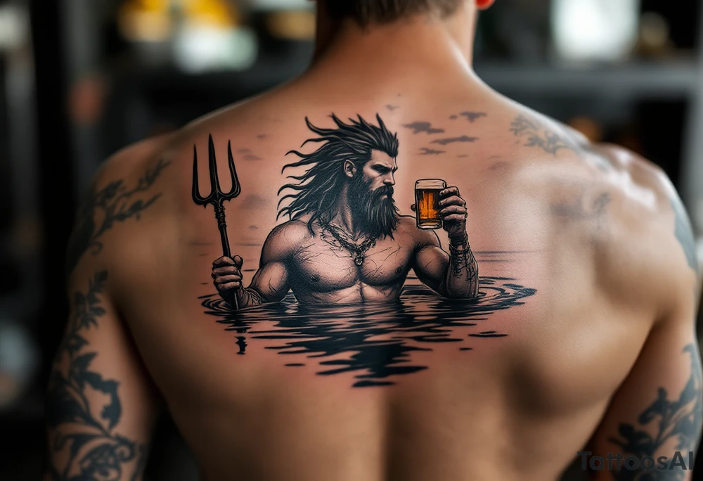 young, fit poseidon in calm water, holding a trident, drinking a beer, with sunset tattoo idea