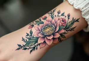 Floral wristband with name Simon and numbers 12.2.2022 v 8:08 hidden within petals in dusty rose and olive green. tattoo idea