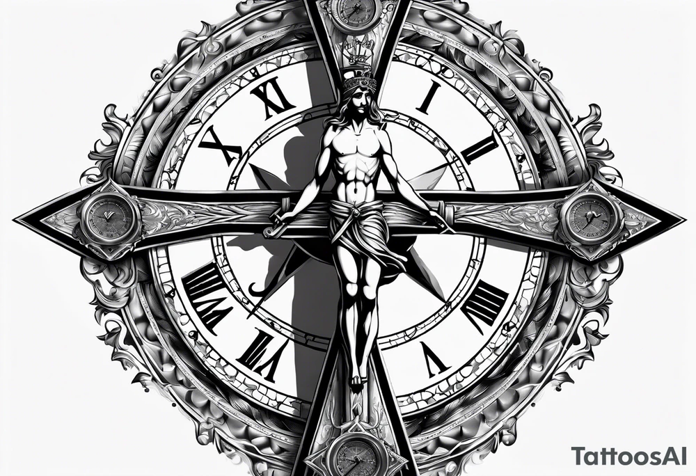 Crucifix with clock and compass in the middle tattoo idea