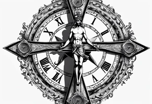 Crucifix with clock and compass in the middle tattoo idea