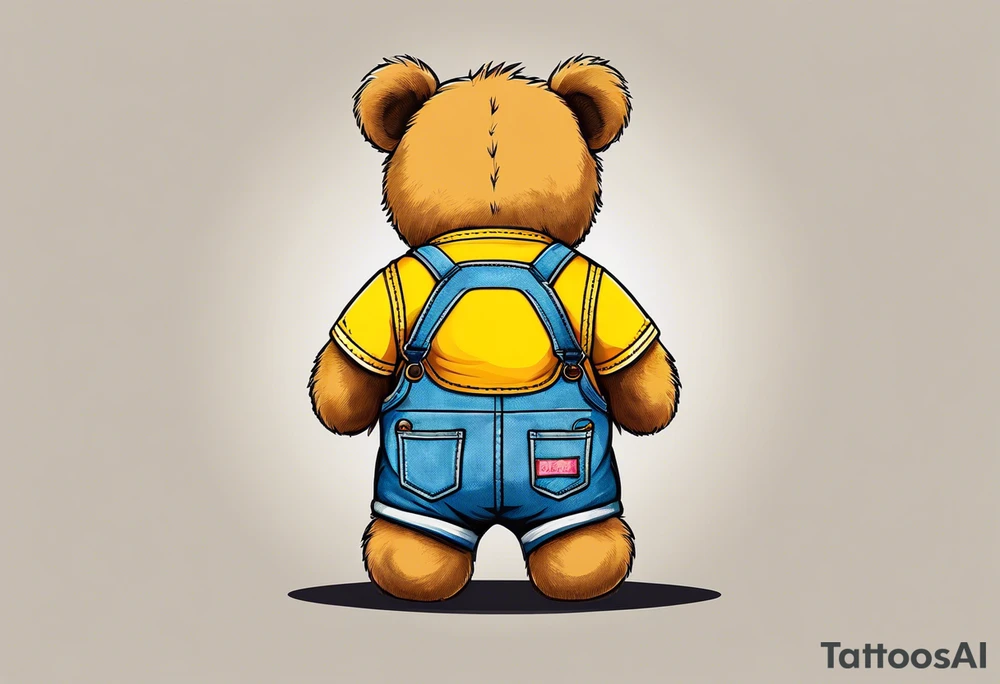image of the back of a light brown teddy bear standing in yellow overalls, striped tank top and wearing boots tattoo idea