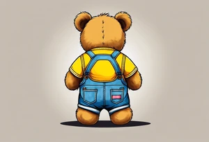 image of the back of a light brown teddy bear standing in yellow overalls, striped tank top and wearing boots tattoo idea
