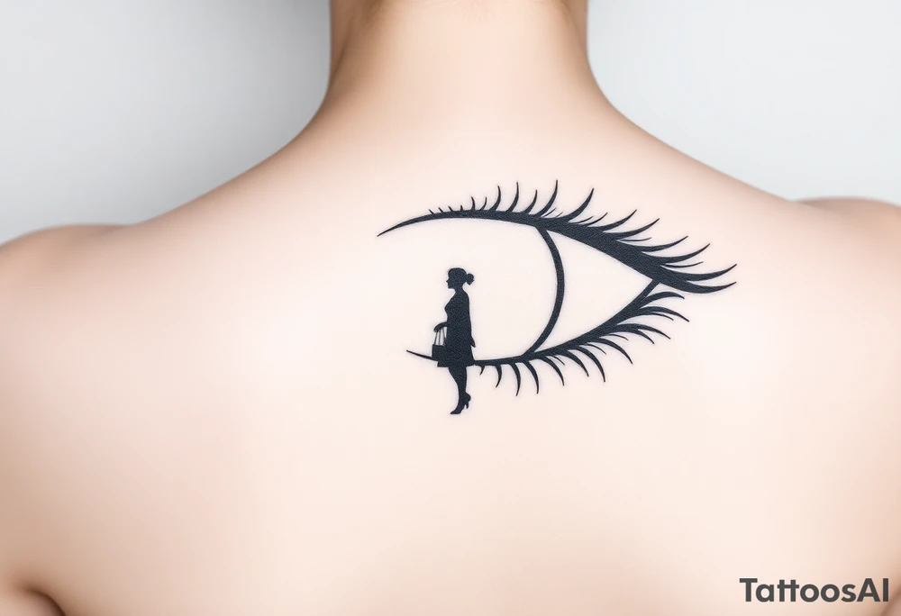 A fine line design featuring an eye with the reflection of an ambiguous woman walking away tattoo idea