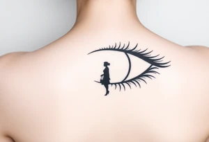 A fine line design featuring an eye with the reflection of an ambiguous woman walking away tattoo idea