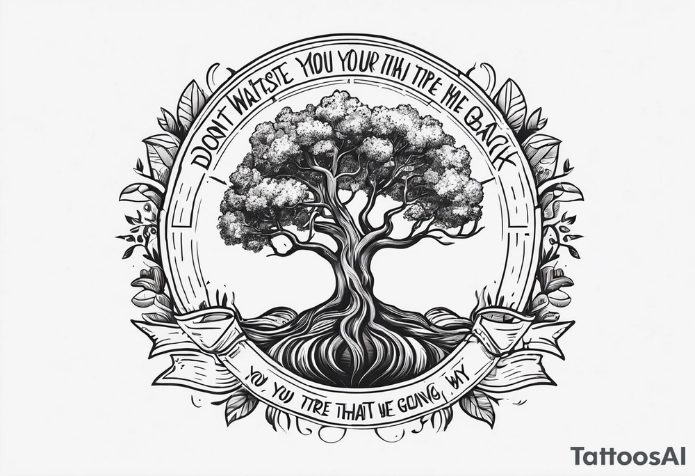 Tree of life sourounded with the text of "dont waste your time back you're not going that way" tattoo idea