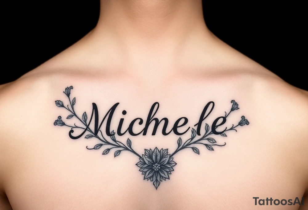 Design a tattoo for a man’s chest of a woman’s name Michelle to be placed over his heart. Make the tattoo tasteful and elegant. Incorporate Irish wildflowers tattoo idea