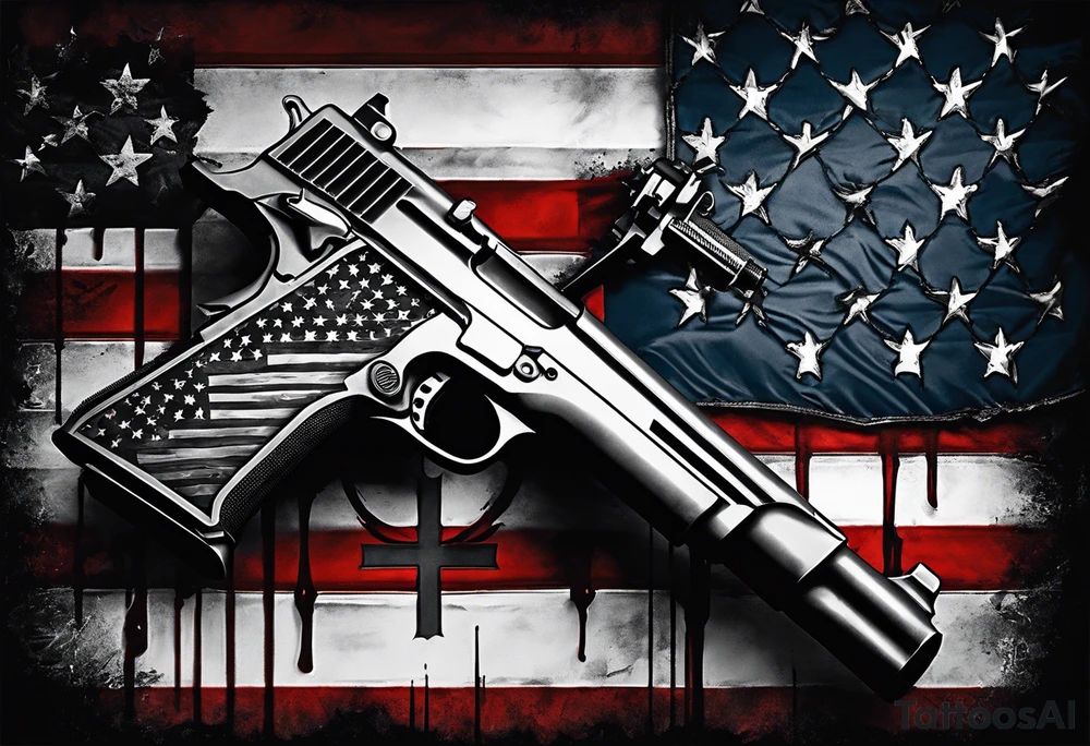 Distressed American flag behind a cross with 2 guns leaned on it simpler tattoo idea