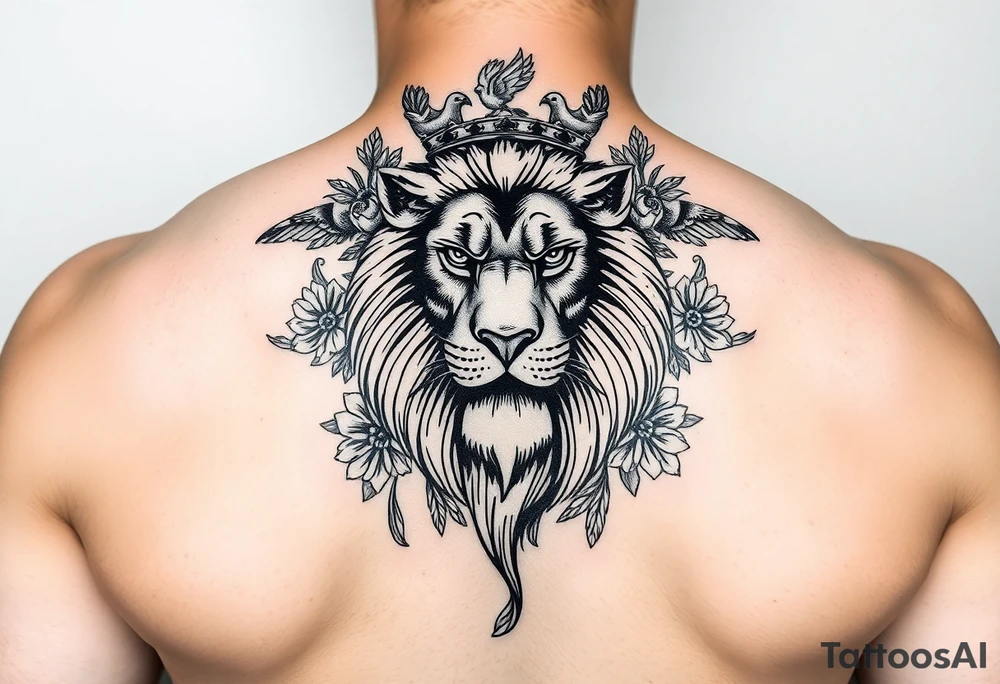 powerful majestic lion with a crown, surrounded by floral ornaments and birds tattoo idea
