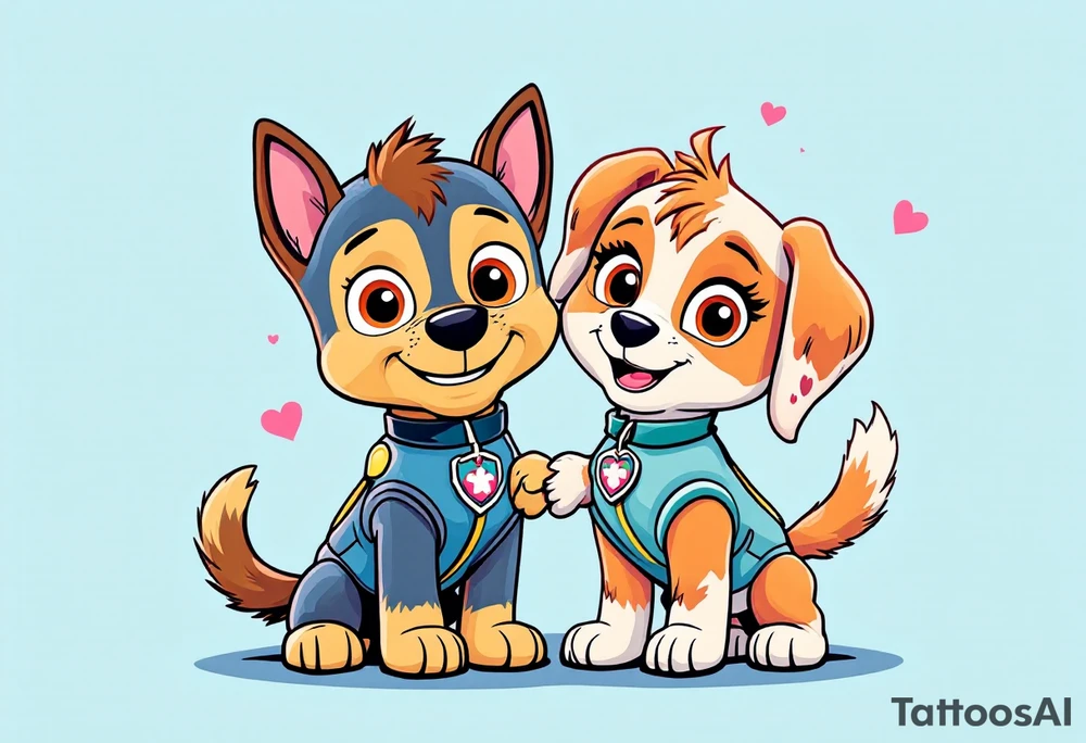 Chase and Skye from Paw Patrol standing side by side, with their paws intertwined in a symbol of teamwork. The background has a light sky blue and soft pink gradient with subtle hearts floating around them. tattoo idea