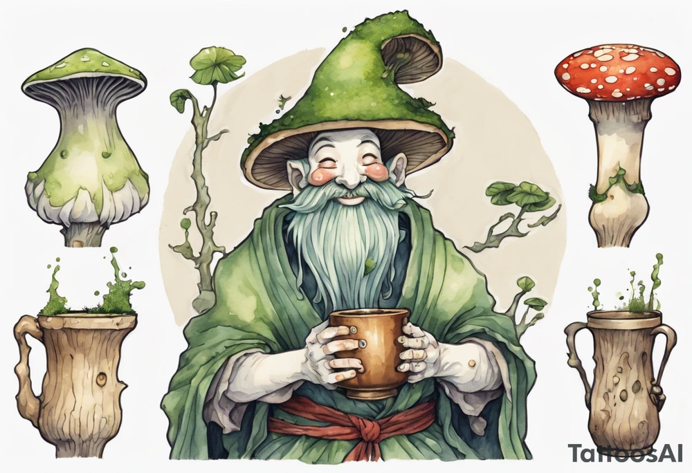 a mushroom person with a smiling moss face wearing a medieval tunic drinking from a wood cup tattoo idea