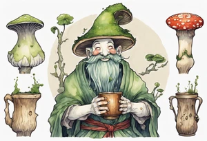 a mushroom person with a smiling moss face wearing a medieval tunic drinking from a wood cup tattoo idea