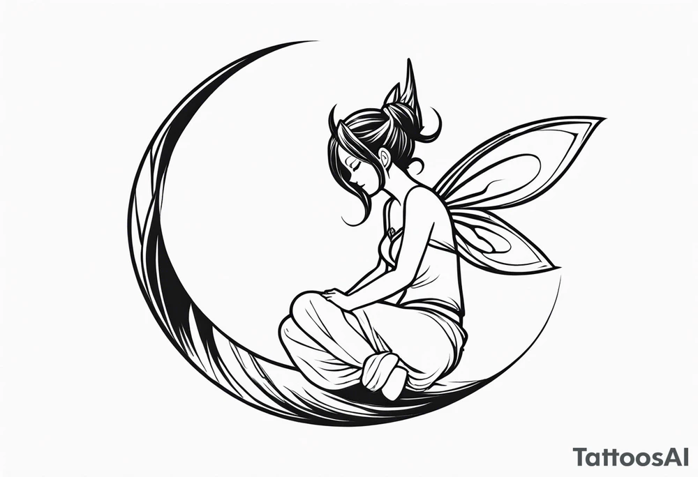 A fairy with a tail inspired by the logo of the show called Fairy Tail in a fetal position leaning in tattoo idea
