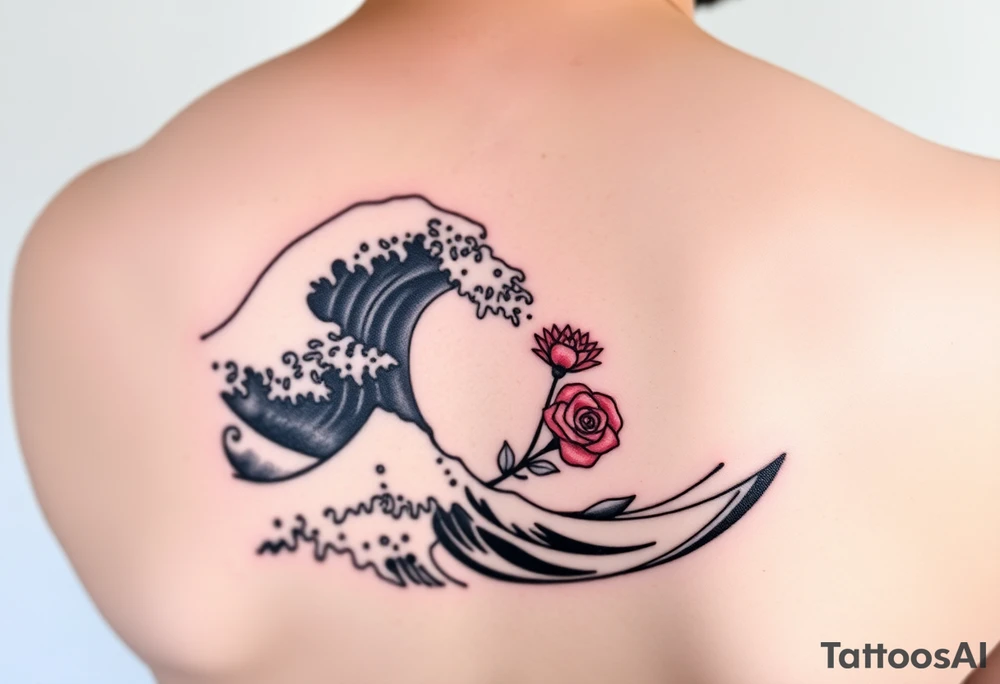 Shoulder tattoo of the Great Wave of Kanagawa in black and white with a small beautiful red rose with no stem in the space where the wave curves tattoo idea