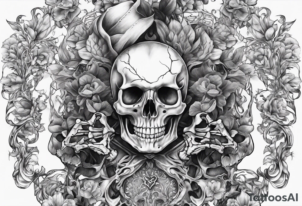 Realistic skeleton with heart shaped eyes. Hs chest has exploded and he is grasping at his heart tattoo idea