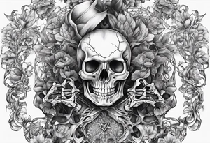 Realistic skeleton with heart shaped eyes. Hs chest has exploded and he is grasping at his heart tattoo idea