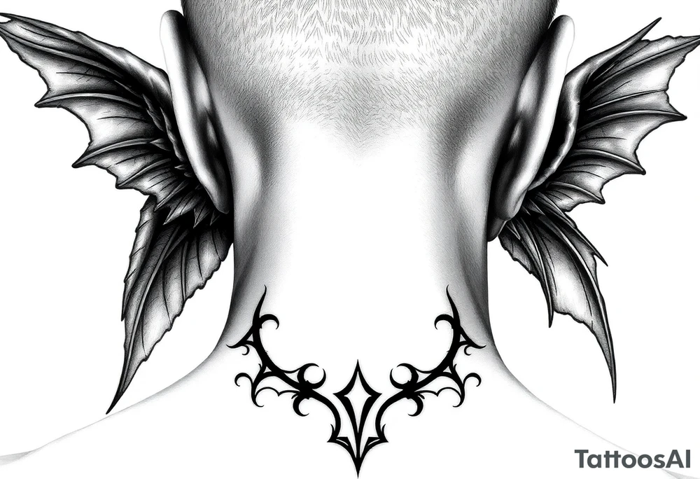 position behind the neck Angel (on the right) whispering in the right ear, demon (on the left) whispering in the left ear. It must be as realistic as possible. tattoo idea